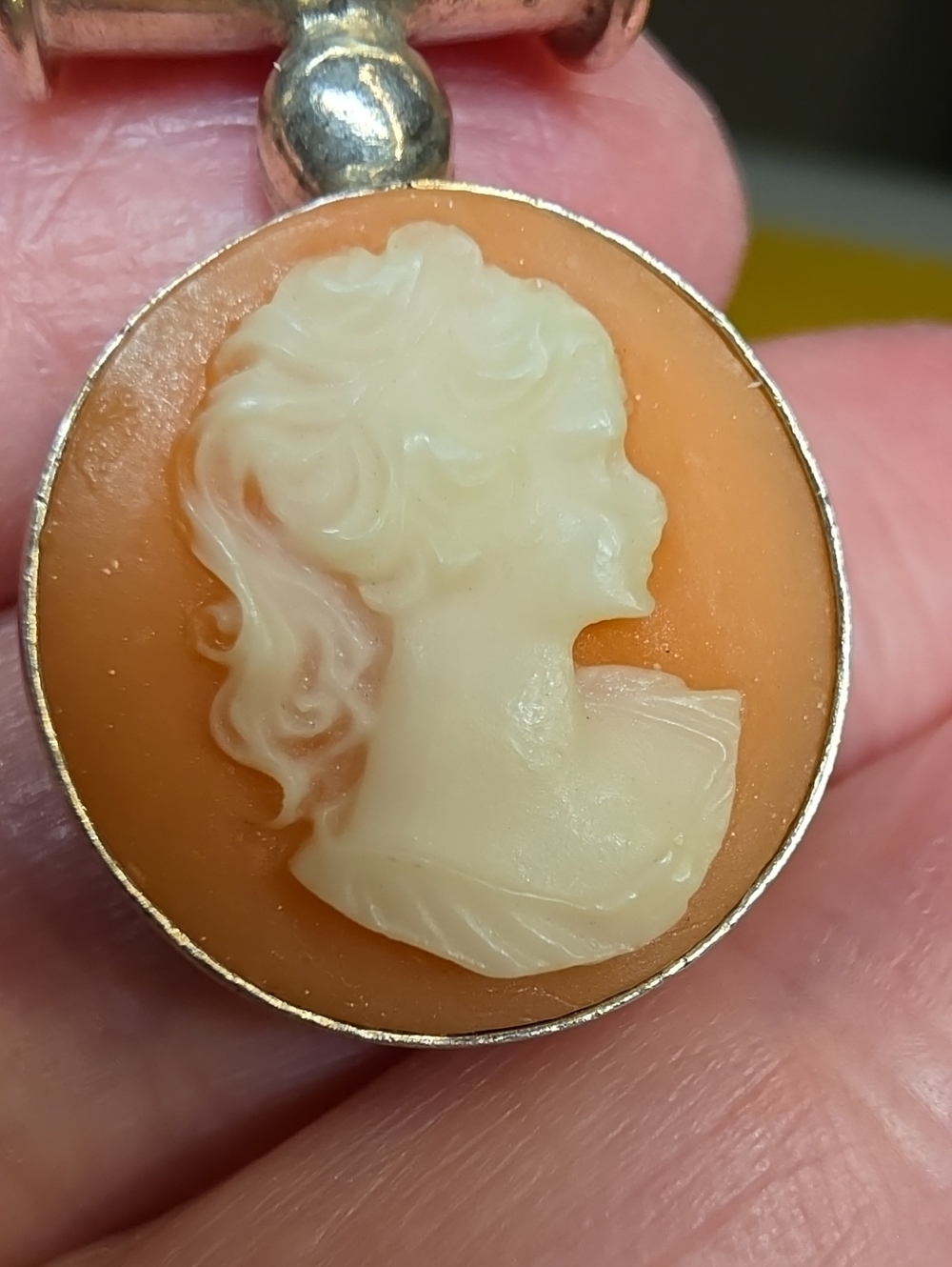Vintage Hand-Carved Shell Cameo ▪︎ Set In 925 ▪ Slide-On Bale Setting